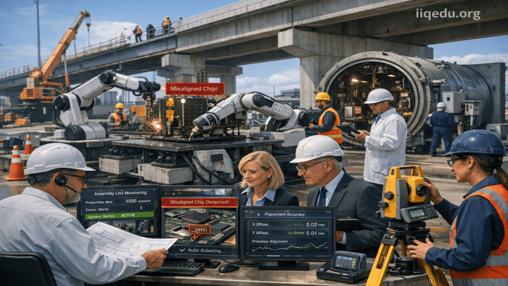Government officials and engineers inspecting a bridge construction site, holding blueprints and measurement tools. Watermark "iiqedu.org" in the top right corner.