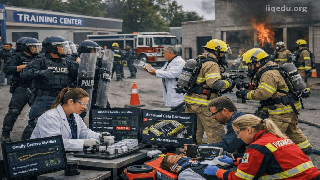 Police, firefighters, and paramedics conducting a coordinated training exercise, practicing crowd control and emergency care, realistic outdoor setting.