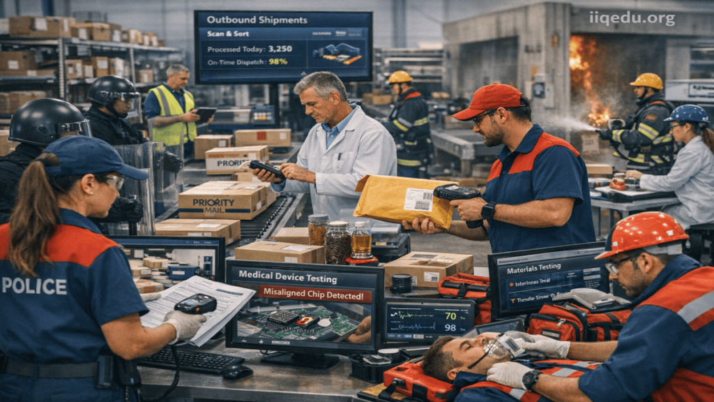 Postal and courier personnel delivering packages in a busy urban environment with delivery vans and customers receiving parcels.