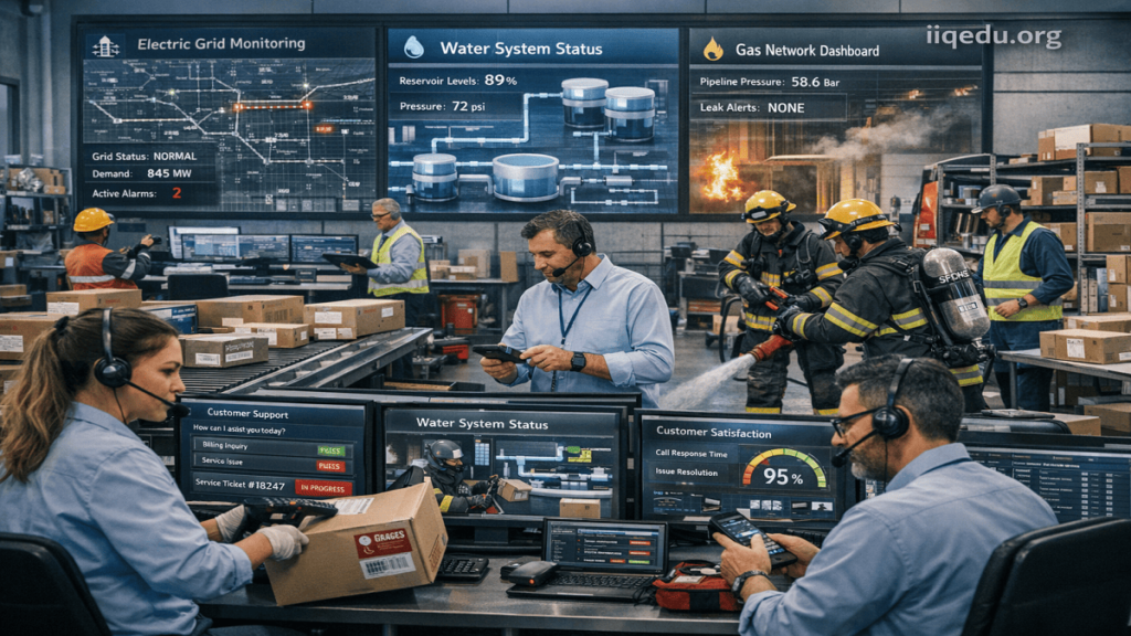 Utility customer service team assisting clients in a modern office, with computer dashboards displaying water, electricity, and gas services; watermark 'iiqedu.org' at the top-right corner.