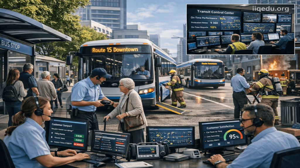 Passengers using public transportation in a metro station and city buses, staff assisting commuters, digital displays showing schedules, emphasizing safety, reliability, and comfort; watermark 'iiqedu.org' in the top-right corner.
