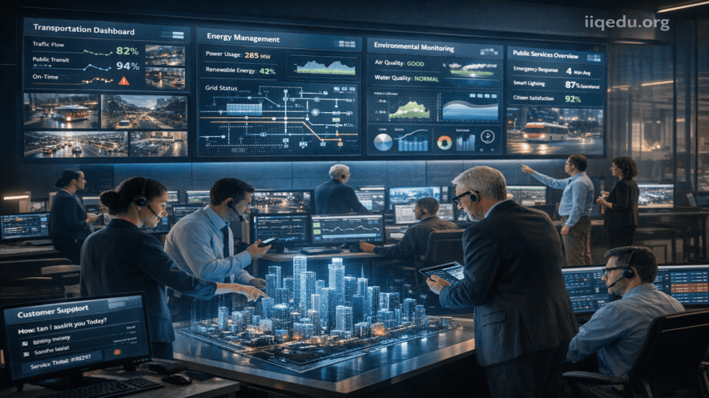 Smart City Quality Frameworks. City operations control room with planners interacting with large digital dashboards showing Smart City Quality Framework KPIs, holographic city models, ambient lighting, and watermark 'iiqedu.org' in the top-right corner