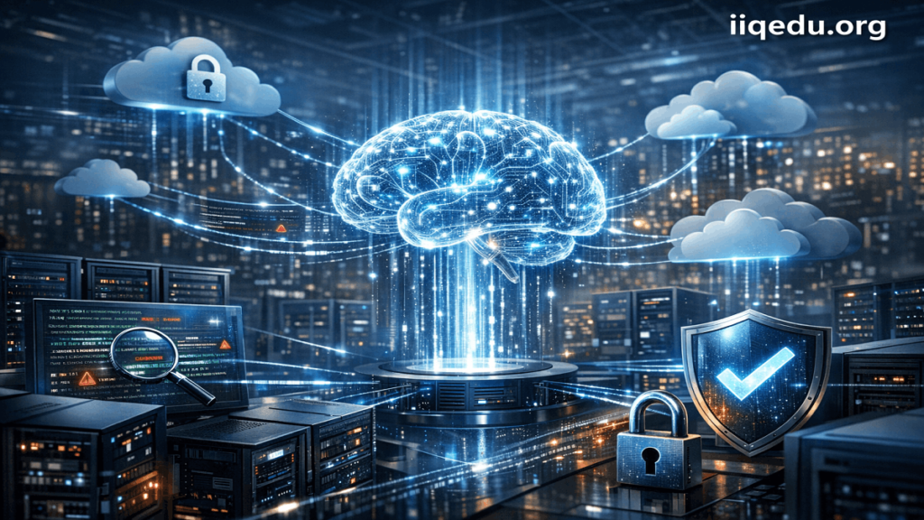 AI system analyzing network threats on multiple digital screens in a modern cybersecurity operations center