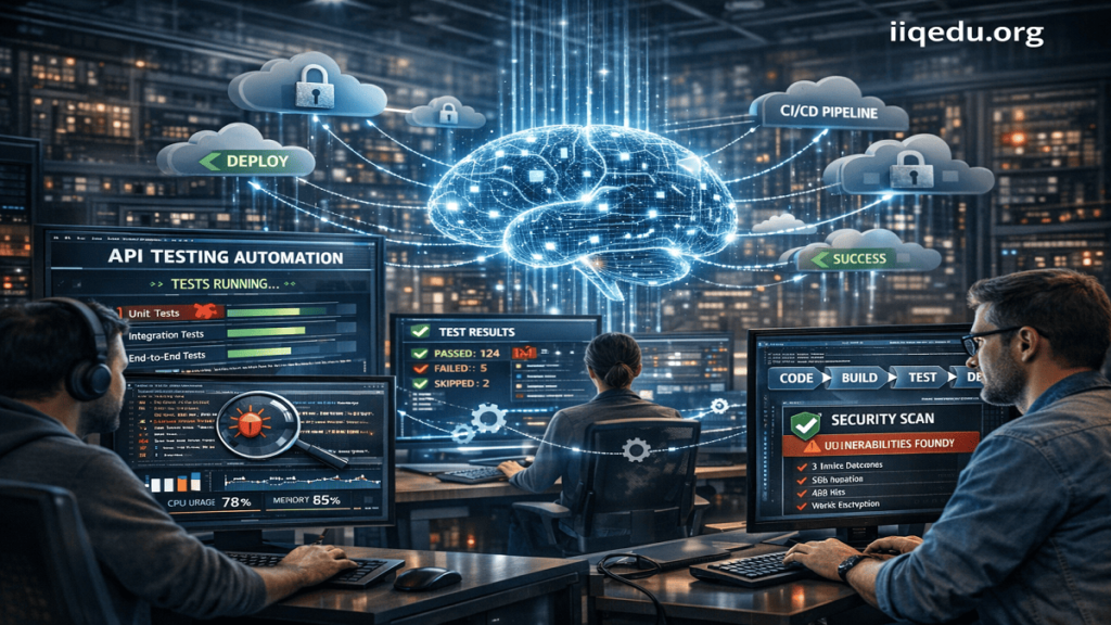 Professional visual showing API Testing Automation integrated into a DevOps workflow with CI/CD pipelines, automated test execution, cloud infrastructure, and dashboards monitoring results