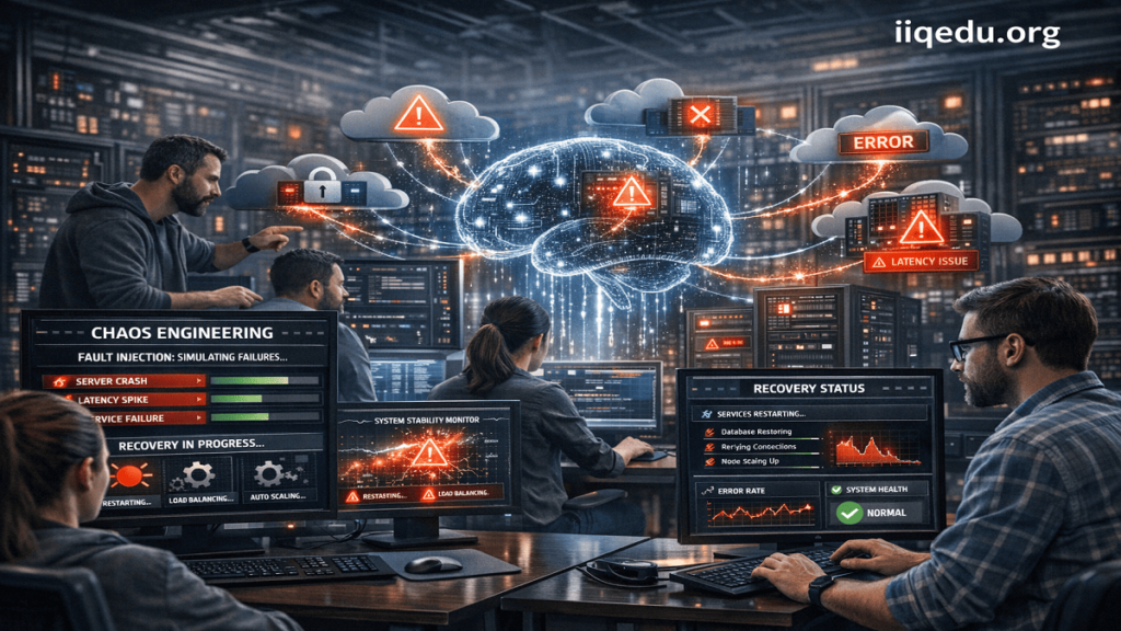 "Professional illustration of engineers testing system resilience using Chaos Engineering, showing servers, microservices, cloud components, and automated recovery dashboards. Watermark: iiqedu.org."