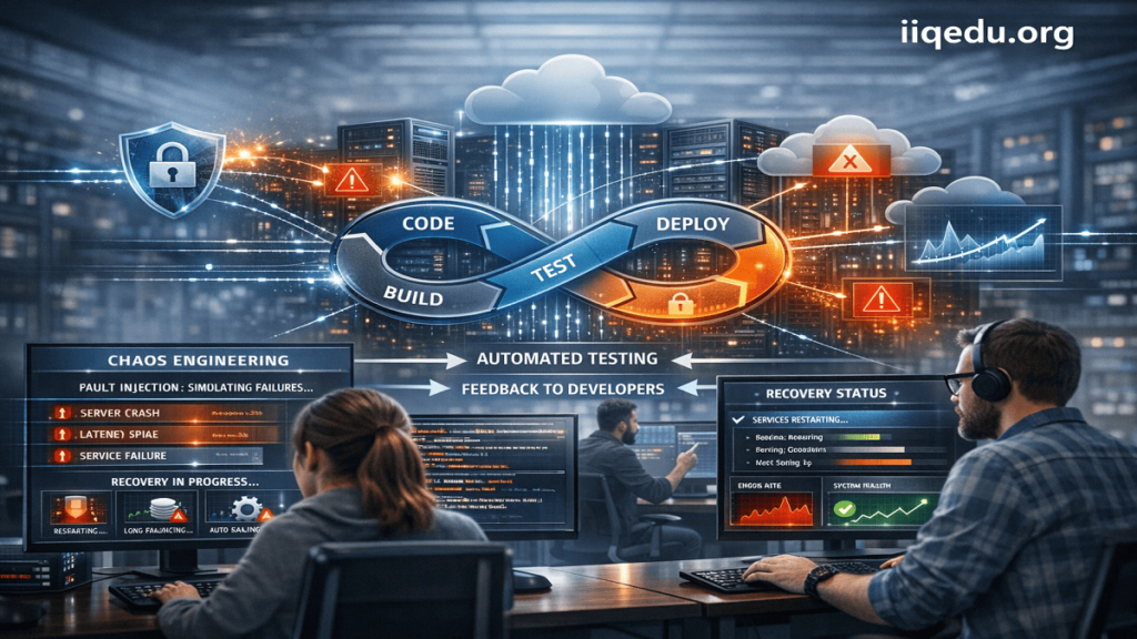 "Visual representation of Continuous Testing in DevOps showing a CI/CD pipeline with stages for coding, automated testing, staging, and deployment, with a watermark 'iiqedu.org' in the top-right corner."