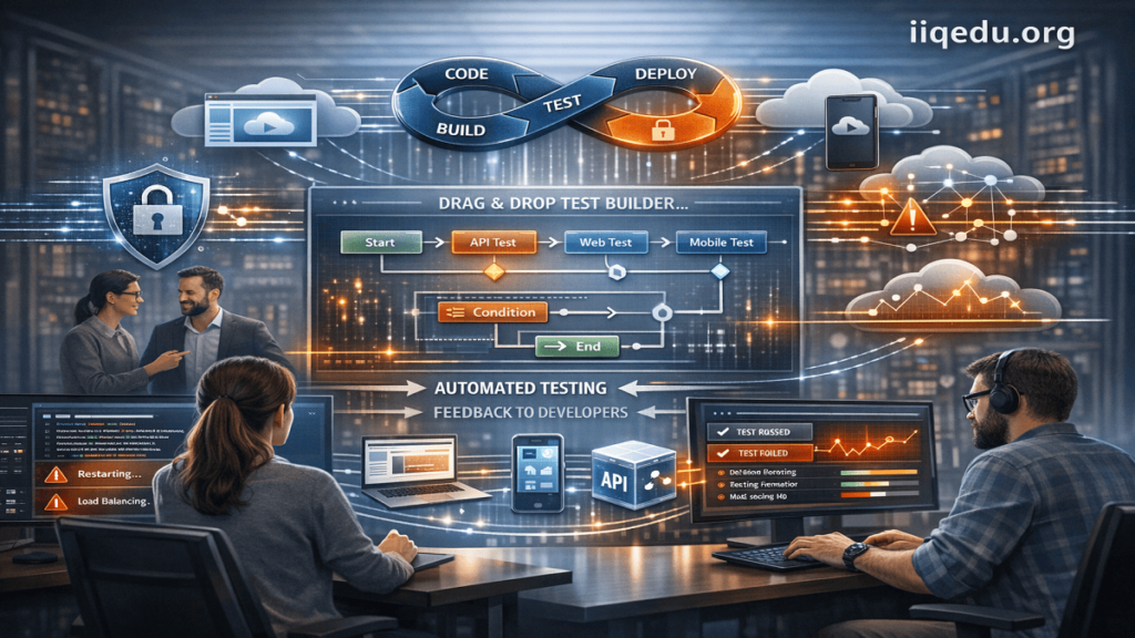Low-Code/No-Code Testing Platforms. Visual representation of Low-Code/No-Code Testing Platforms showing a CI/CD pipeline with automated test execution, drag-and-drop workflows, and cross-platform testing, with a watermark 'iiqedu.org' in the top-right corner.