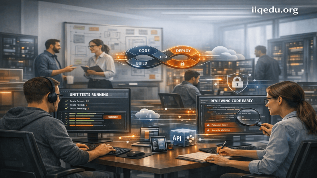 Shift-Left Testing Approaches. Illustration showing early software testing workflow from requirements to deployment, developers executing automated tests, QA reviewing code, watermark "iiqedu.org" visible.