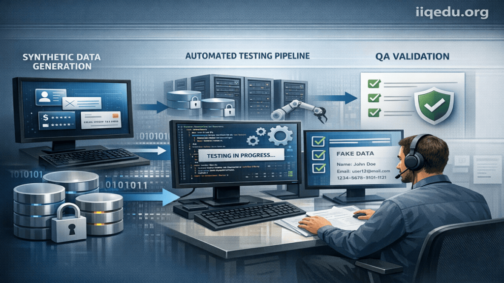 Synthetic Data for QA Environments. Illustration of a synthetic data workflow in QA testing, including data generation, automated pipelines, and secure QA validation, with watermark “iiqedu.org” in the top-right corner.