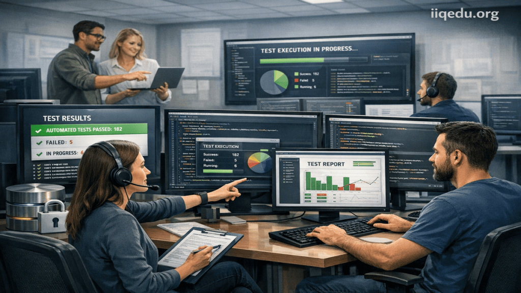 "Professional office scene showing developers and QA engineers working on automated testing scripts, code, and dashboards for a Test Automation Framework, with 'iiqedu.org' watermark in the top-right corner."