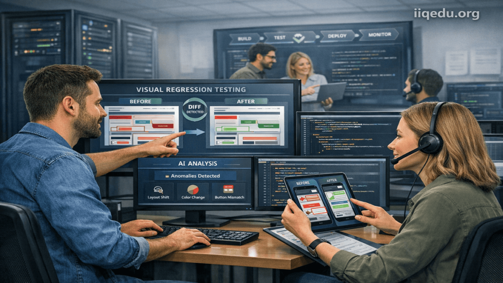 QA engineer and developer performing visual regression testing on multiple screens showing UI comparisons, highlighted differences, and dashboards. Watermark 'iiqedu.org' in top-right corner.