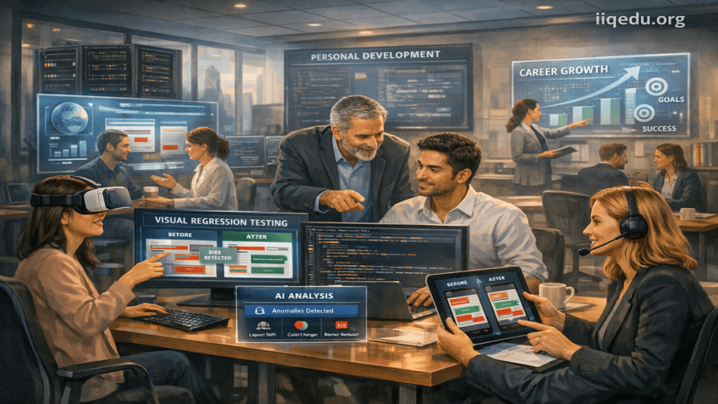 Professionals engaging in virtual training, career coaching, and personal development in a futuristic office setting, watermark 'iiqedu.org' top right.