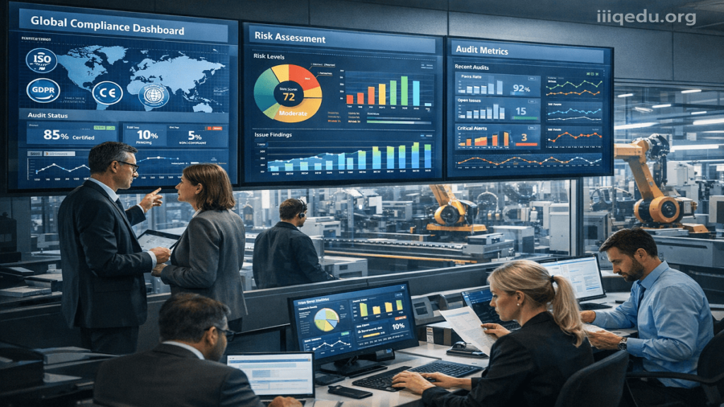 Auditors monitoring AI-driven production lines and IoT devices, reviewing certification compliance dashboards in an industrial facility, with a watermark 'iiqedu.org' at top-right.