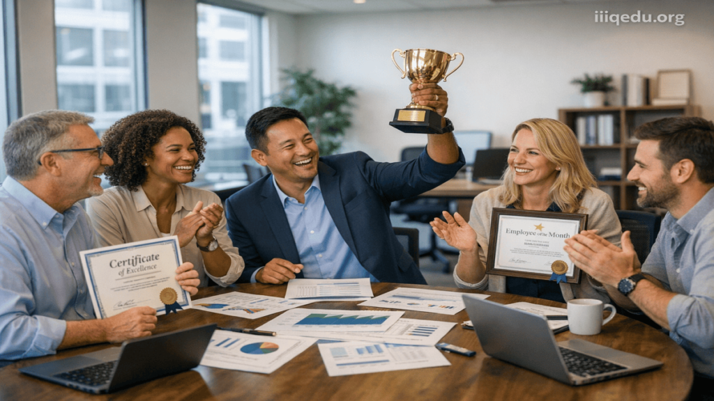 Team of professionals celebrating success in an office with certificates and a trophy representing quality recognition programs.