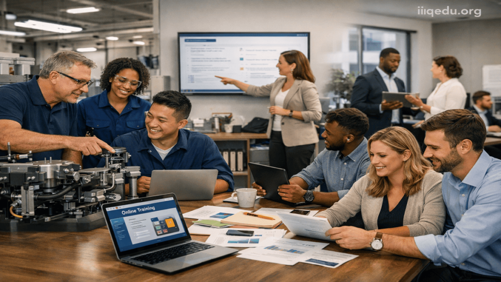 Professionals and learners participating in workshops, training sessions, and collaborative work environments, symbolizing career development and skill-building, with "iiqedu.org" watermark in the top right corner.