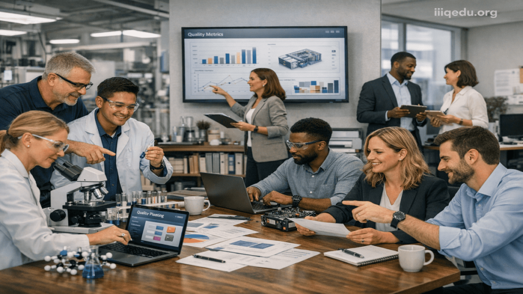 Interdisciplinary team of scientists, engineers, and administrators working on quality-focused innovation projects, with “iiqedu.org” watermark in the top right corner.