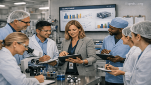 Women in Quality Leadership. Female quality leader reviewing workflow in a healthcare or manufacturing setting, using a tablet while team members observe. Watermark: iiqedu.org.