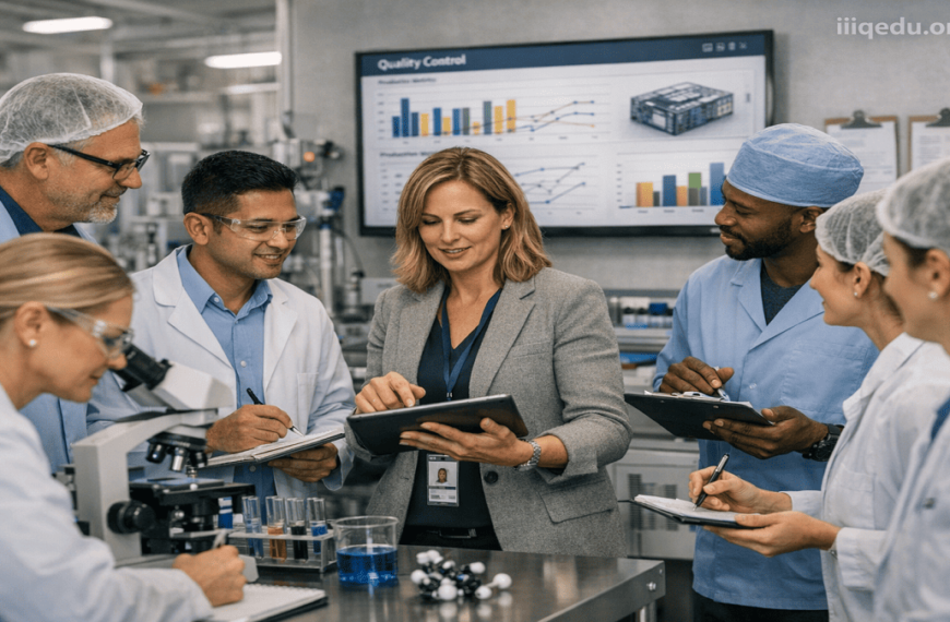 Women in Quality Leadership. Female quality leader reviewing workflow in a healthcare or manufacturing setting, using a tablet while team members observe. Watermark: iiqedu.org.