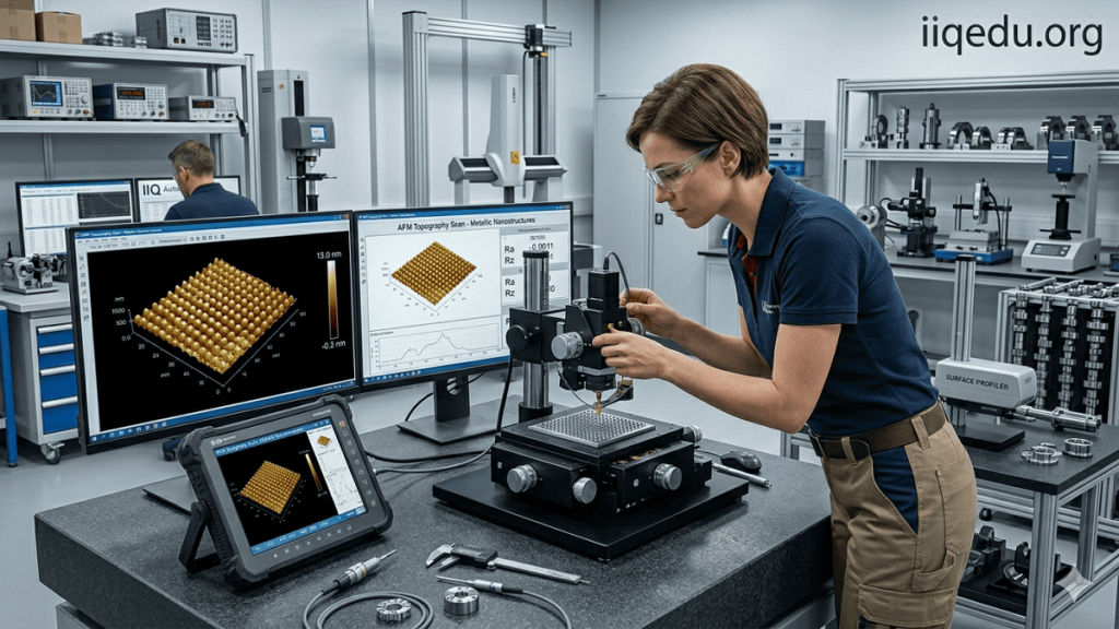 Atomic Force Microscopy (AFM). Scientist using an atomic force microscope to scan a metallic nanostructured surface in a materials science laboratory