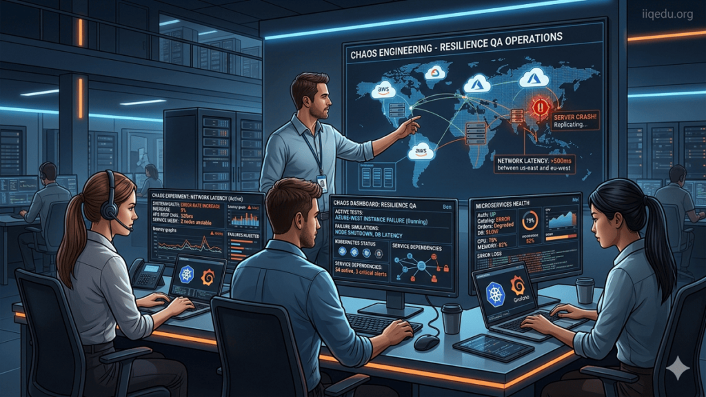 Digital illustration of a DevOps team performing Chaos Engineering for Resilience QA, showing dashboards with system metrics, error alerts, automated failure simulations, and cloud infrastructure with microservices. Watermark: iiqedu.org.