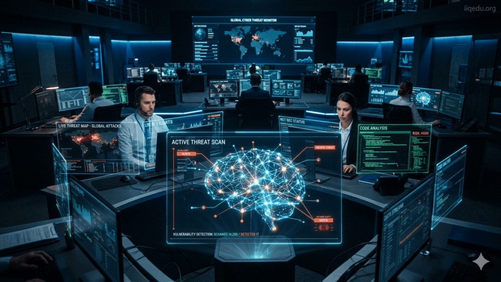 AI in security testing. AI system analyzing network threats on multiple digital screens in a modern cybersecurity operations center