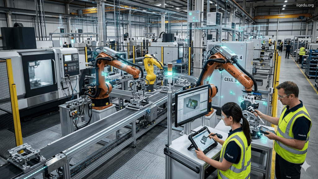 Industrial Internet of Things (IIoT) for QC .Smart factory with connected machines and engineers monitoring production quality through real-time data and sensors