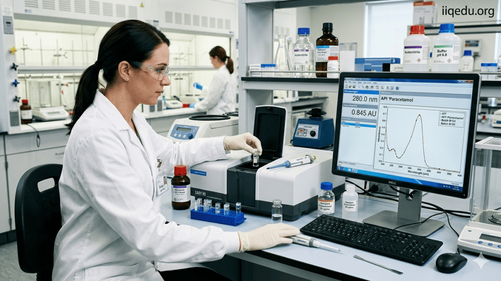 Spectroscopic Quality Analysis. Laboratory technician performing UV-Vis spectroscopic analysis on pharmaceutical tablets with digital spectral readouts.