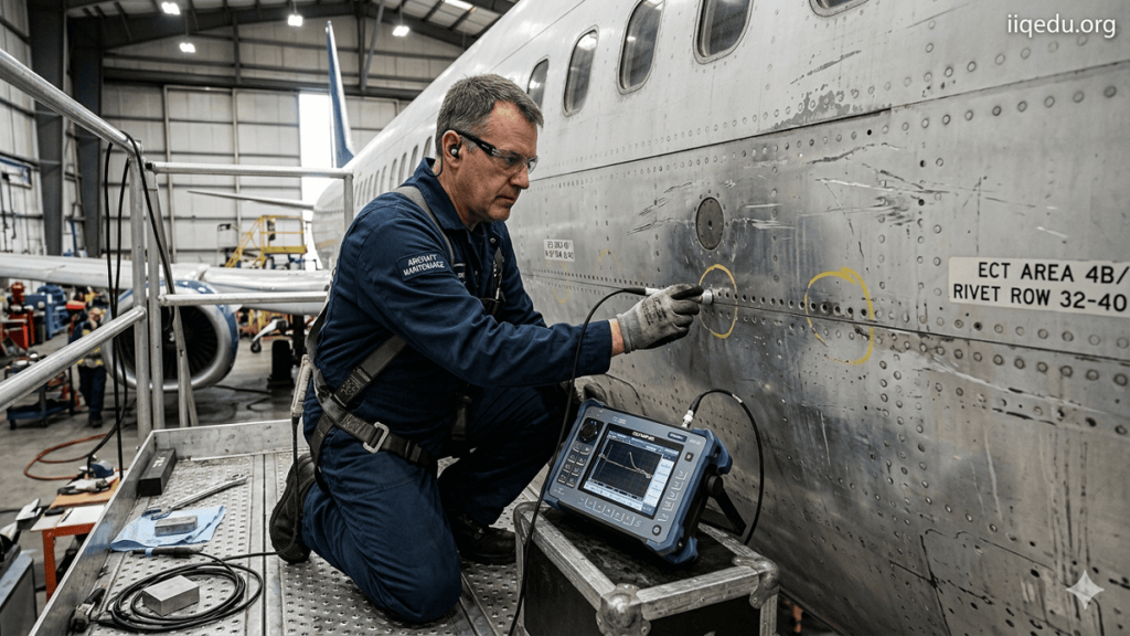 Eddy Current Testing. Technician performing eddy current testing on an aircraft fuselage using a handheld probe and digital device