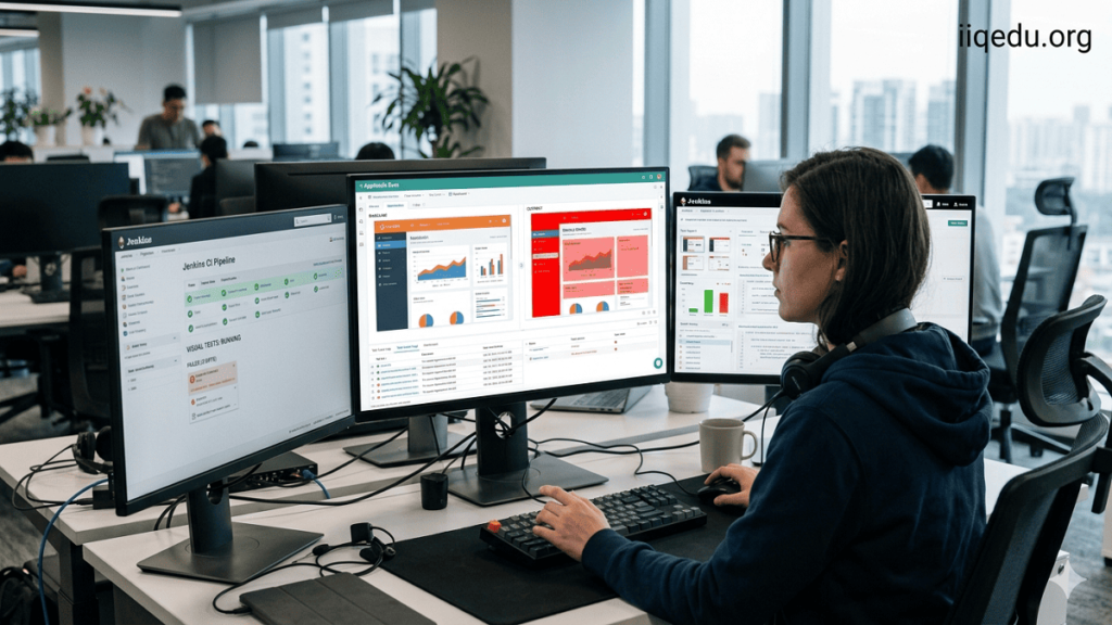 Visual Regression Testing Tools. QA engineer and developer performing visual regression testing on multiple screens showing UI comparisons, highlighted differences, and dashboards. Watermark 'iiqedu.org' in top-right corner.