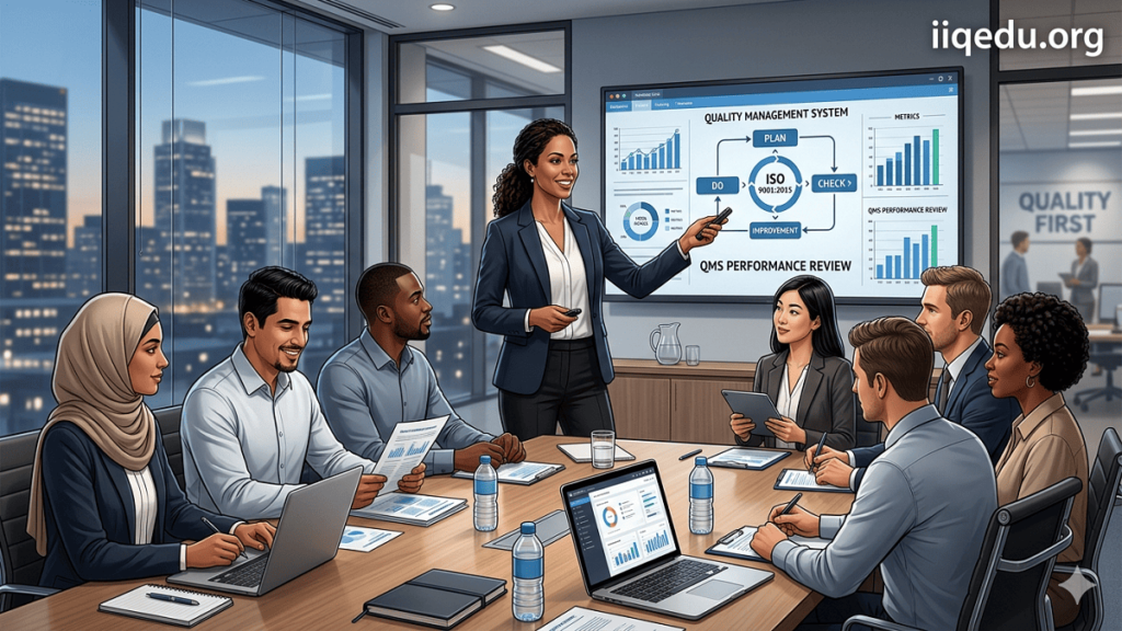 Woman leading a corporate team meeting on quality management, with digital charts and diverse team members in a modern office. Watermark: iiqedu.org.