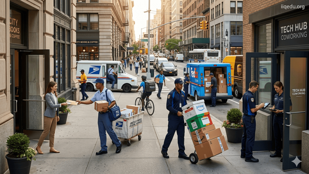 Postal & Courier Quality Benchmarks. Postal and courier personnel delivering packages in a busy urban environment with delivery vans and customers receiving parcels.