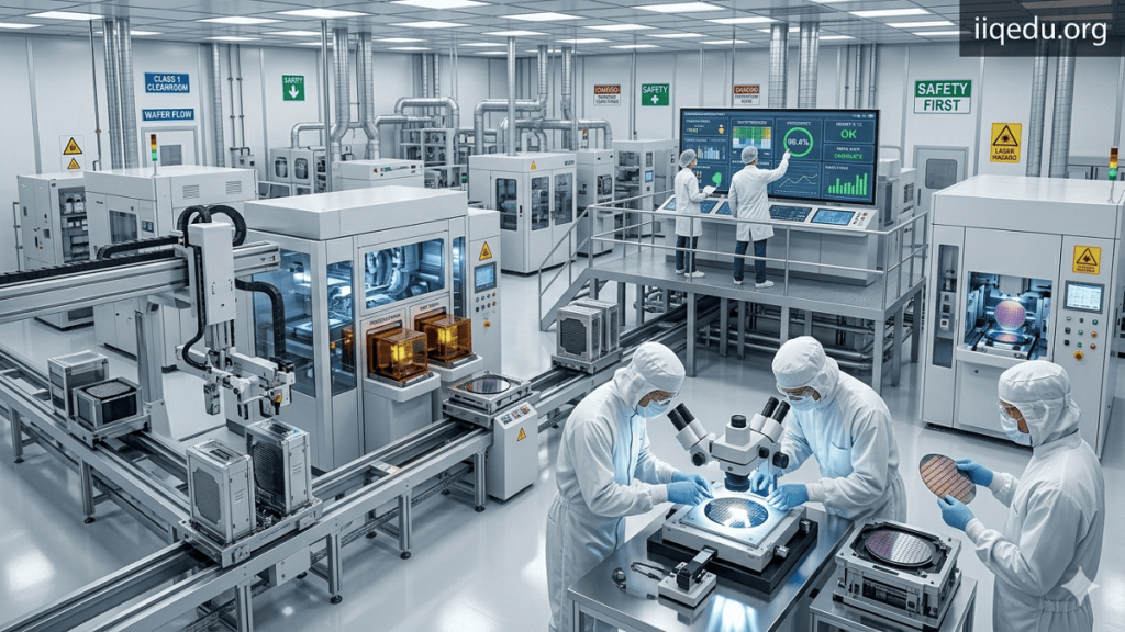 Semiconductor Manufacturing Quality. Semiconductor wafer fabrication facility with robotic wafer handlers, lithography machines, and engineers monitoring digital dashboards, watermark 'iiqedu.org' in the top-right corner.