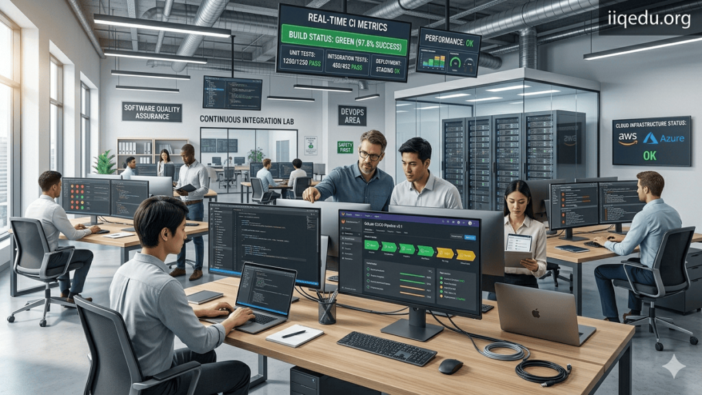 Software QA & Continuous Integration. Software developers and QA engineers using automated CI pipelines and testing dashboards with real-time metrics in a modern office environment. Watermark ‘iiqedu.org’ visible on top right.