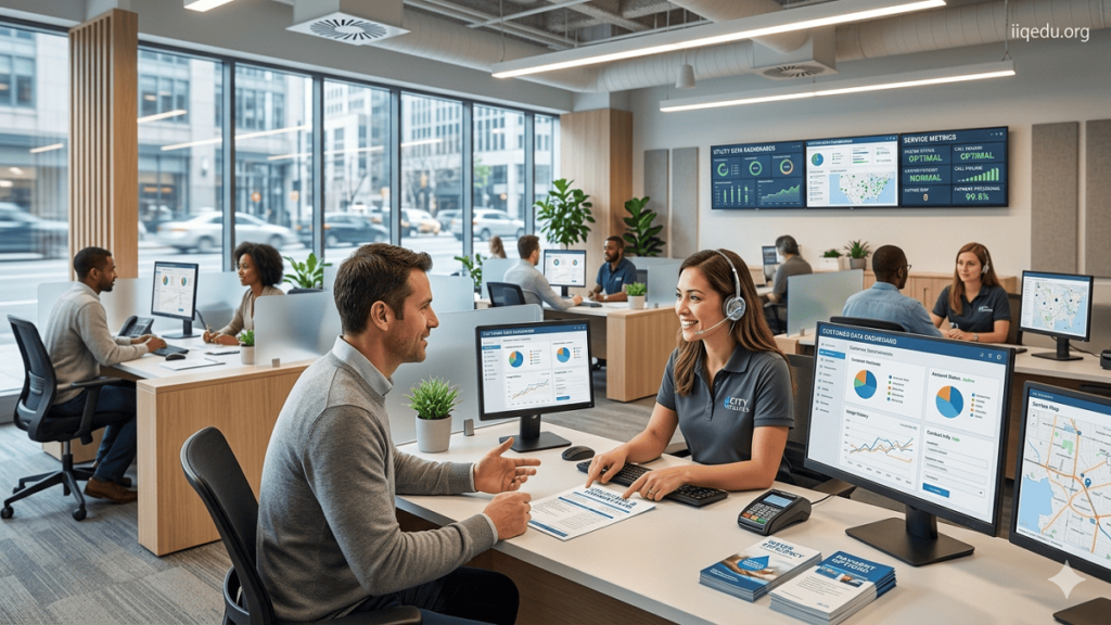 Public Utility Customer Service Quality. Utility customer service team assisting clients in a modern office, with computer dashboards displaying water, electricity, and gas services; watermark 'iiqedu.org' at the top-right corner