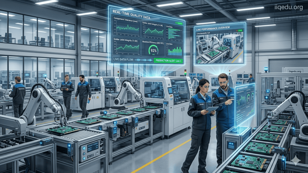 Industrial production facility with IoT sensors and engineers monitoring real-time quality data on holographic screens.