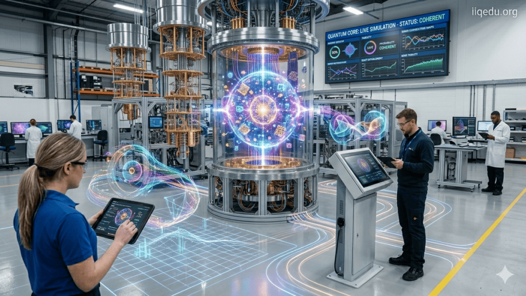Quantum Computing & Quality Frameworks. High-tech quantum computing lab with glowing qubits, holographic data streams, and scientists analyzing algorithms; “iiqedu.org” watermark in top-right corner.