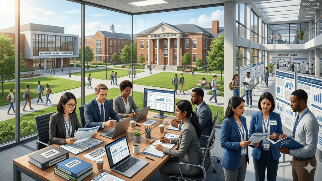 Educational Quality Accreditation. University administrators and faculty reviewing curriculum documents, student records, and research portfolios during an accreditation evaluation, highlighting academic quality and institutional governance.