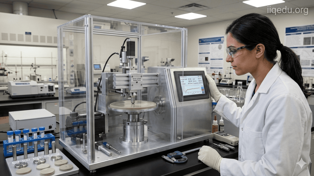 Tribological Testing. Realistic tribology lab with a scientist monitoring a tribometer testing metal and polymer surfaces, friction gauges visible, watermark “iiqedu.org” at top-right.