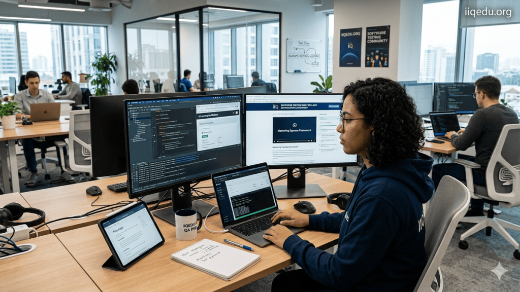 QA professionals learning online using laptops and monitors with software testing tools displayed, semi-transparent watermark 'iiqedu.org' top right.