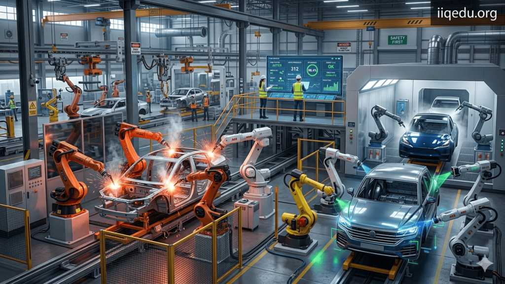Robotics & Automation Quality. Modern automotive factory with robotic arms assembling vehicles, engineers monitoring digital dashboards, and a watermark 'iiqedu.org' in the top-right corner.