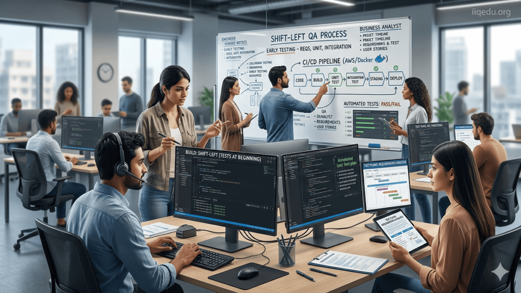 Team of developers, QA engineers, and business analysts collaborating on shift-left testing in a modern office with screens and whiteboards, watermark "iiqedu.org" visible.
