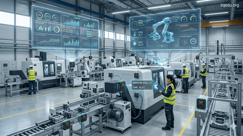 Wireless Sensor Networks for QA. Engineers inspecting machines on a factory floor with wireless sensor nodes and real-time data displays, demonstrating QA monitoring.