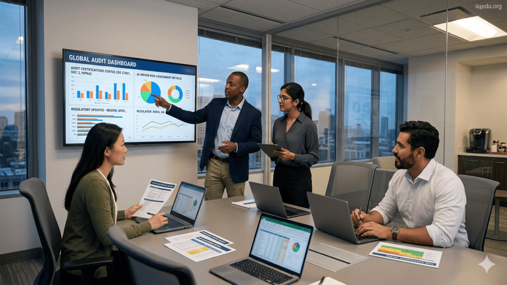 Global Auditor Certification News. Diverse team of audit professionals reviewing digital dashboards, global certification reports, and compliance charts in a modern office, with a watermark 'iiqedu.org' at top-right.
