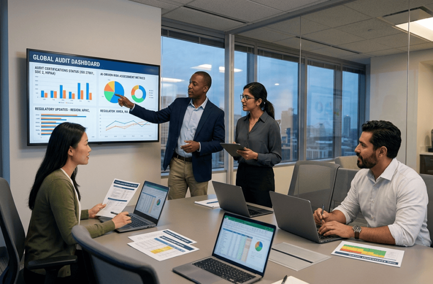 Global Auditor Certification News. Diverse team of audit professionals reviewing digital dashboards, global certification reports, and compliance charts in a modern office, with a watermark 'iiqedu.org' at top-right.