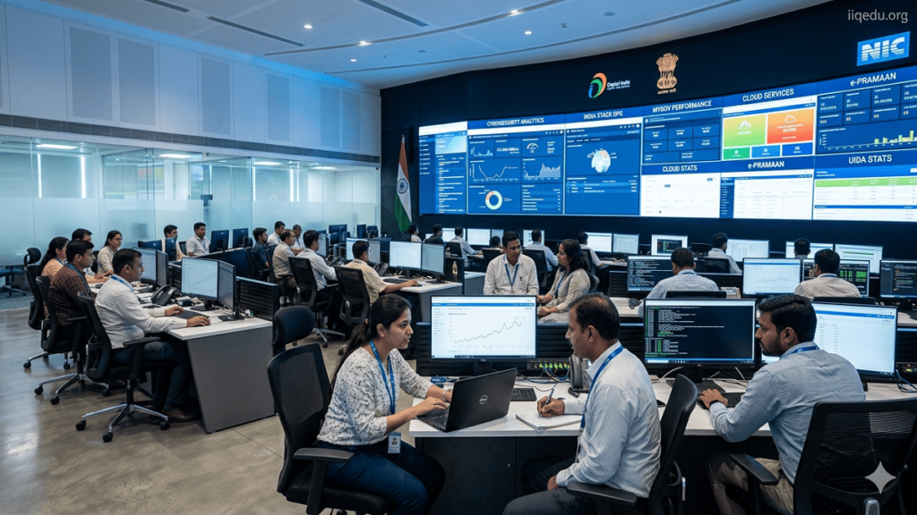 Digital India Quality Initiatives. Modern government control room in India with professionals monitoring digital systems, cybersecurity dashboards, and e-governance platforms.