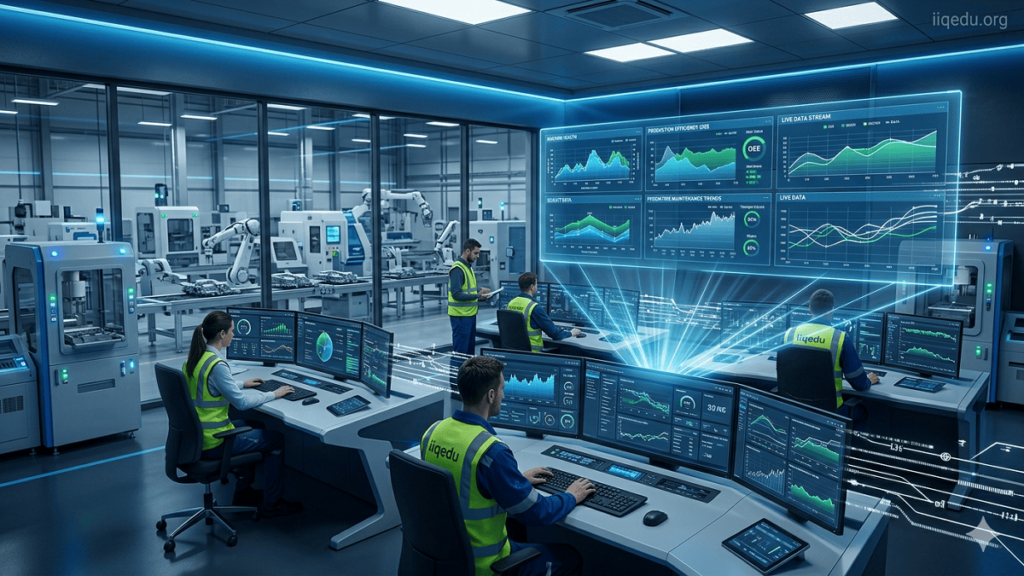 Real-time Data Logging & Analysis. Digital futuristic environment showing real-time data streams flowing into cloud servers, with holographic dashboards and AI-human operators interacting with live analytics.