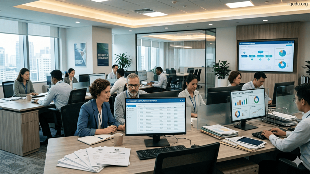 Government Procurement Quality. Government employees reviewing contracts and digital tendering systems in a modern office, with charts and documents on desks. Watermark "iiqedu.org" visible in the top right corner.