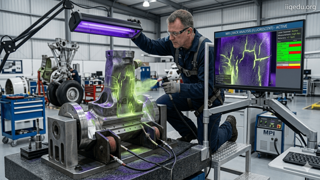 Magnetic Particle Inspection. High-resolution visual of Magnetic Particle Inspection on an aircraft landing gear component with fluorescent particles under UV light, showing surface cracks, and a technician applying inspection.