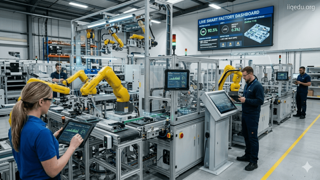 Engineers monitoring smart factory machines with IoT sensors and real-time quality data on digital devices.