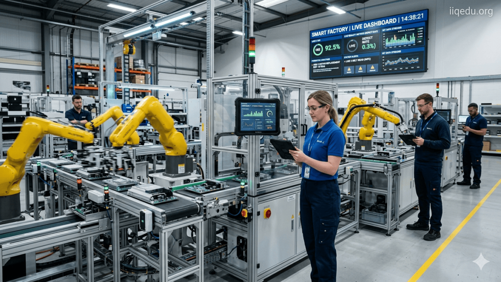 Industry 4.0 Quality Integration. Engineers monitoring automated production lines with IoT sensors and real-time quality data in a smart factory.